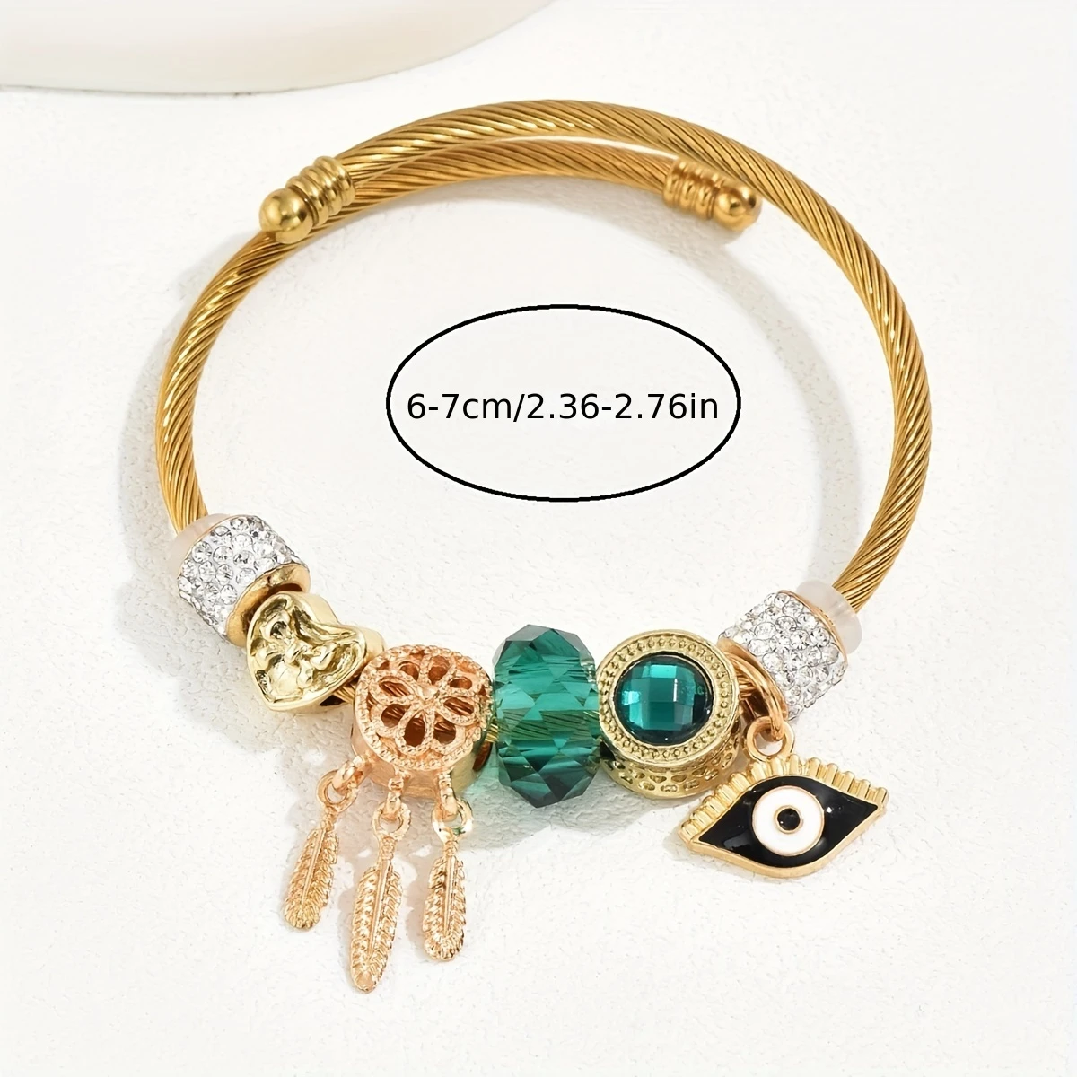 Gold Charm Bracelet – Emerald Crystal & Evil Eye