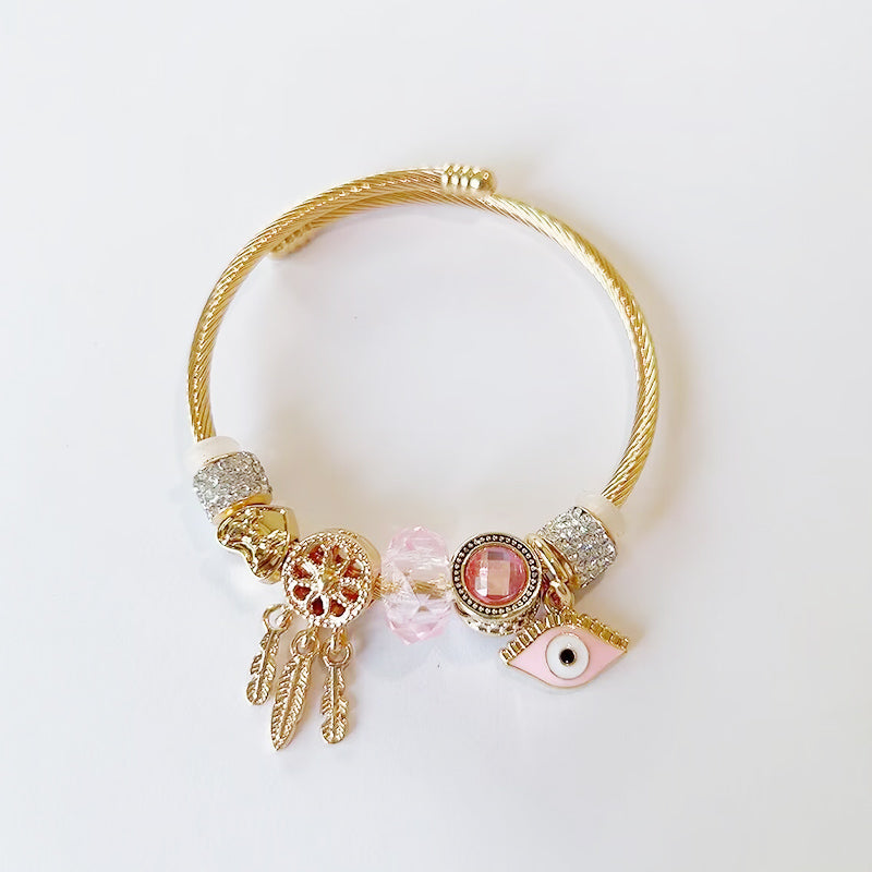 Gold Charm Bracelet – Emerald Crystal & Evil Eye